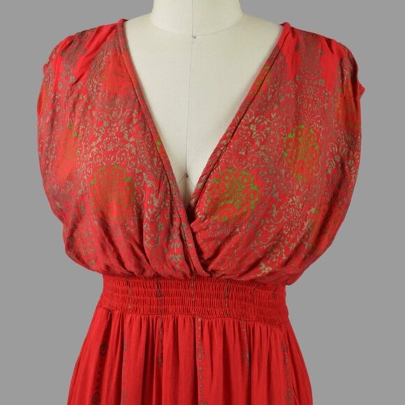 LAPOGEE TRIBAL PRINT RED GOLD BOHEMIAN V-NECK MAXI DRESS - Picture 2 of 8